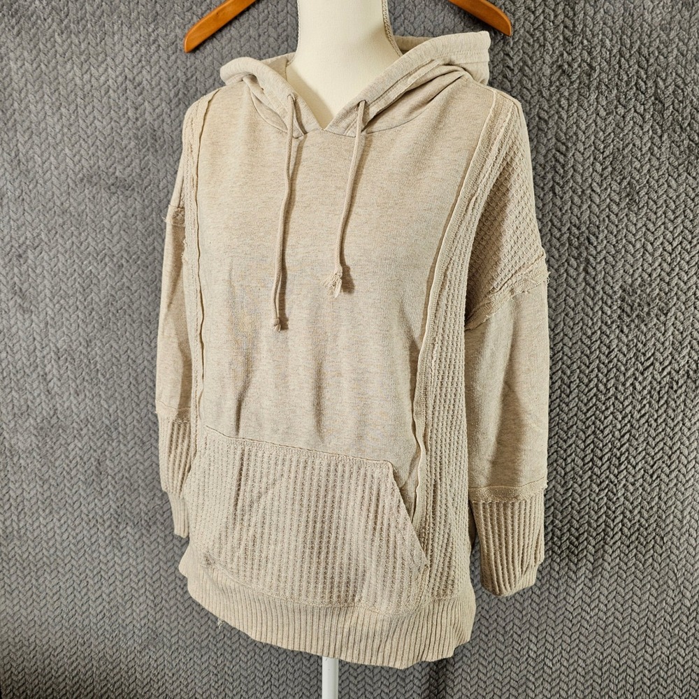 Time and Tru Women Oatmeal Heather Waffle Knit Mixed Media Hoodie L 12-14